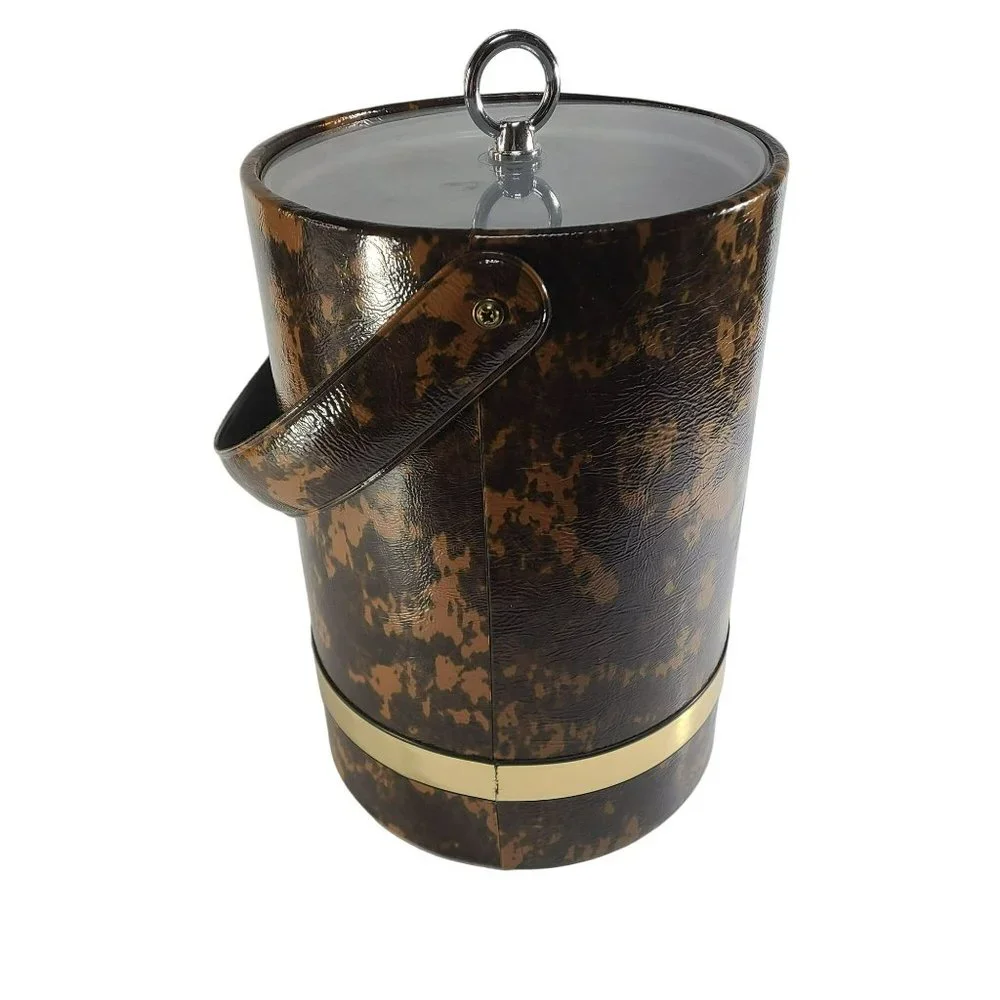 Vintage Mid Century Modern Ice Bucket Gold Brown Marbled Silver Handle